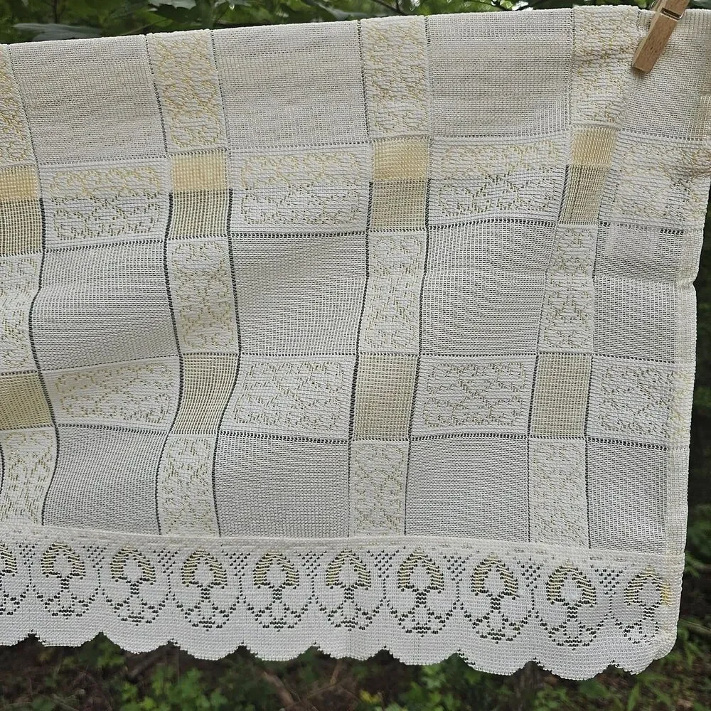 Vintage Cream & Butter Yellow Checkered Sheer Lace Valance - Cottage, Grannycore